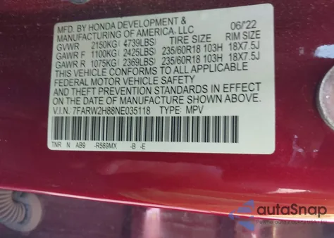 2022 Honda Cr-V Awd Ex-L from USA, damaged, VIN 7FARW2H88NE035118
